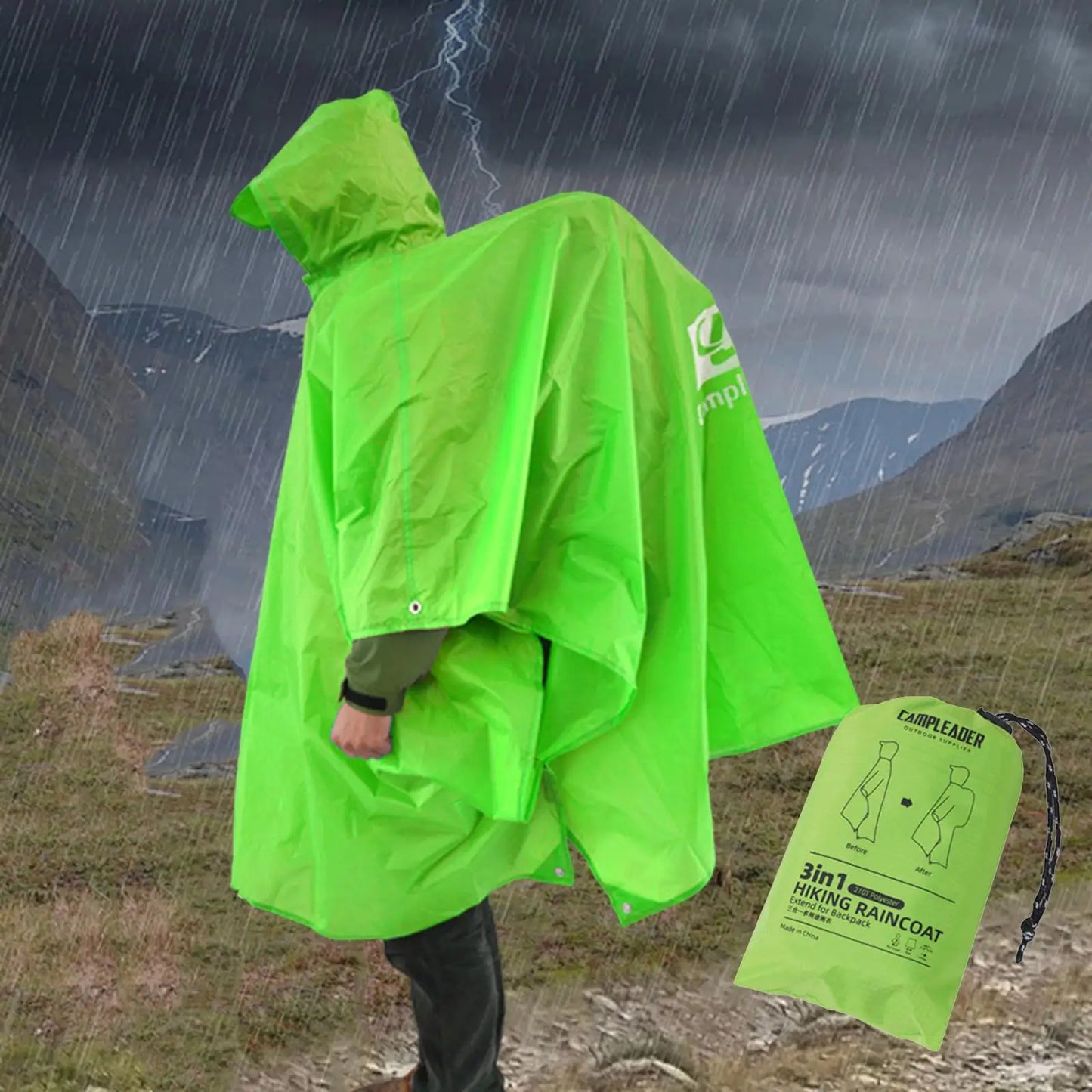 Hooded Rain Poncho Water Resistant Raincoat for Camping Hiking Outdoor