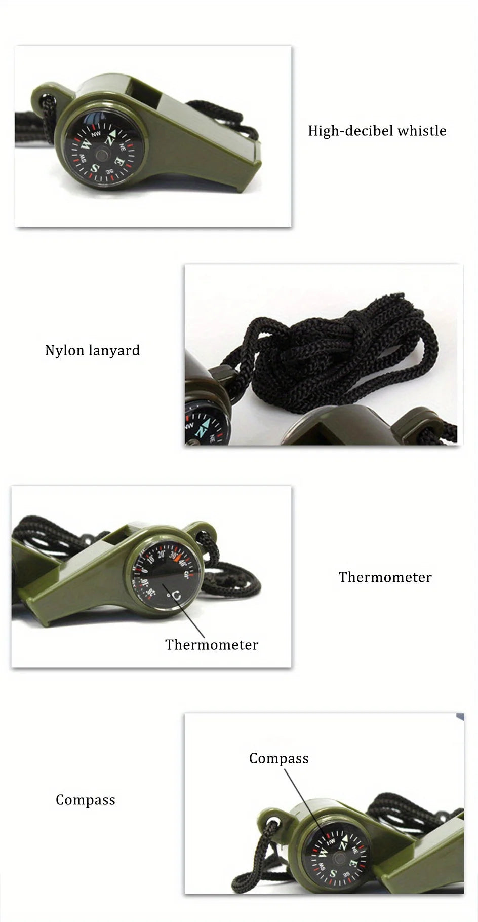 3-in-1 Emergency Survival Whistle with Compass Thermometer For Camping Hiking Outdoor Adventures Durable Metal Construction