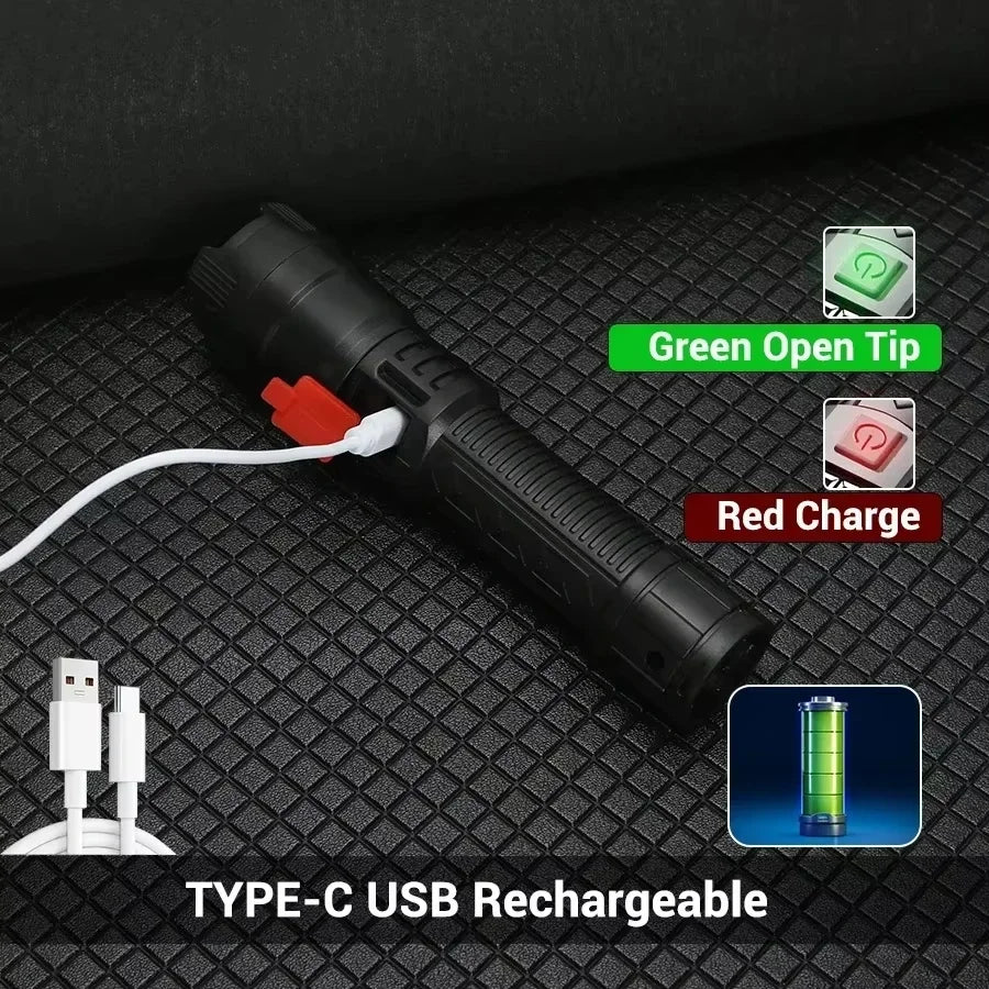 Tactical LED Flashlight 2000LM USB Rechargeable Waterproof Grade Zoom Torch Bright Portable Emergency Light for Camping Outdoor