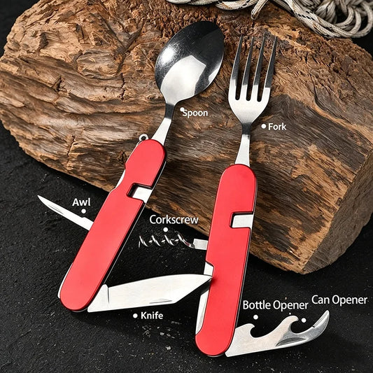 6 in 1 Camping Cutlery Set Tourist Spoon Camping Fork Spoon Stainless Steel Folding Pocket Kits Outdoor cutlery Set DCS001