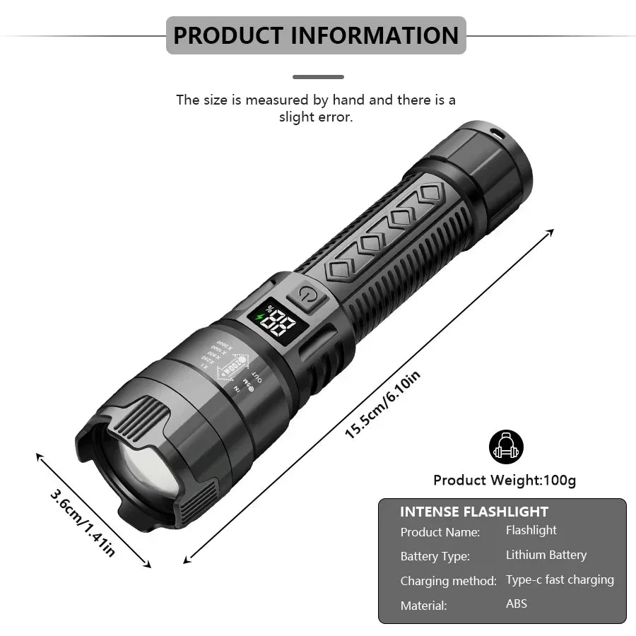 Tactical LED Flashlight 2000LM USB Rechargeable Waterproof Grade Zoom Torch Bright Portable Emergency Light for Camping Outdoor