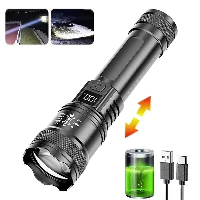 Tactical LED Flashlight 2000LM USB Rechargeable Waterproof Grade Zoom Torch Bright Portable Emergency Light for Camping Outdoor