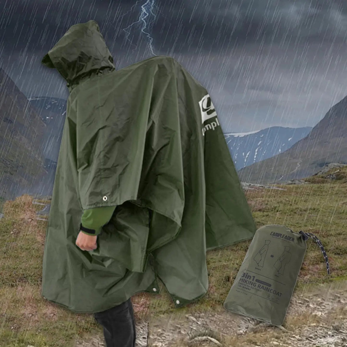 Hooded Rain Poncho Water Resistant Raincoat for Camping Hiking Outdoor