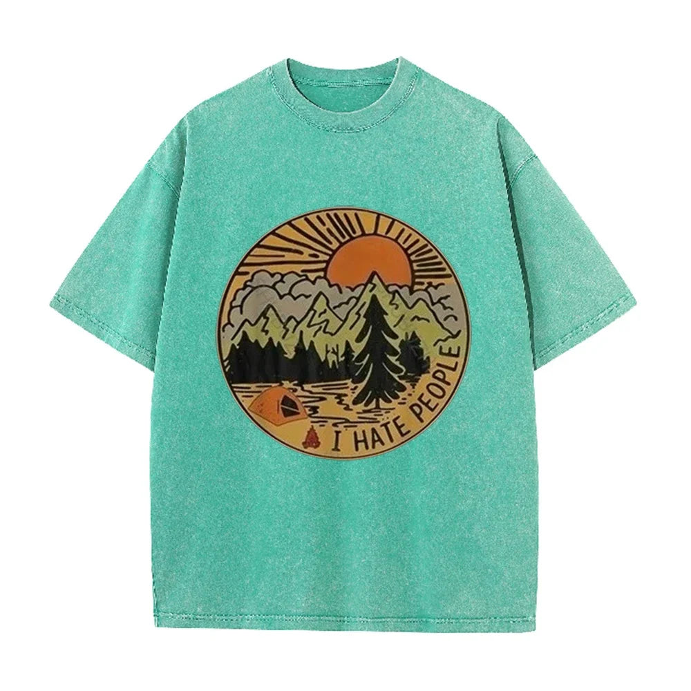 Men's Oversized Camping I Hate People T Shirt Retro Mountain Print Cotton Washed Casual Summer Short Sleeve Tee