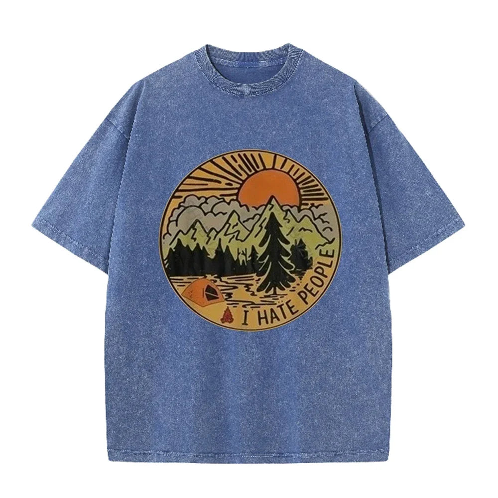 Men's Oversized Camping I Hate People T Shirt Retro Mountain Print Cotton Washed Casual Summer Short Sleeve Tee