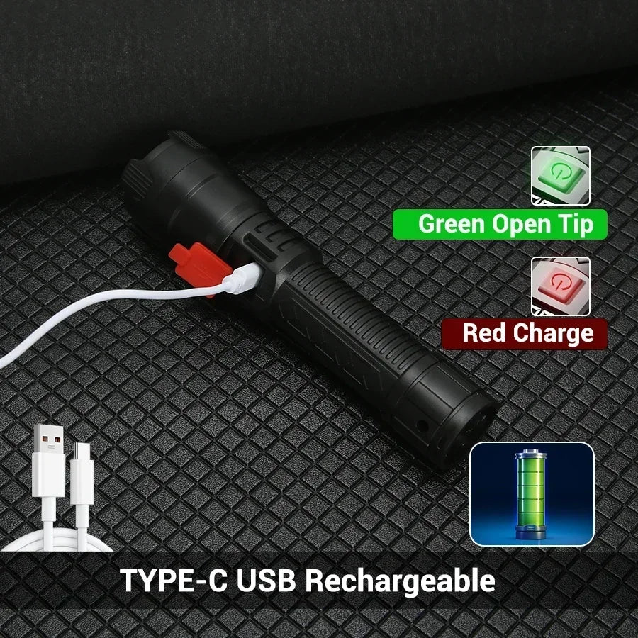 Tactical LED Flashlight 2000LM USB Rechargeable Waterproof Grade Zoom Torch Bright Portable Emergency Light for Camping Outdoor