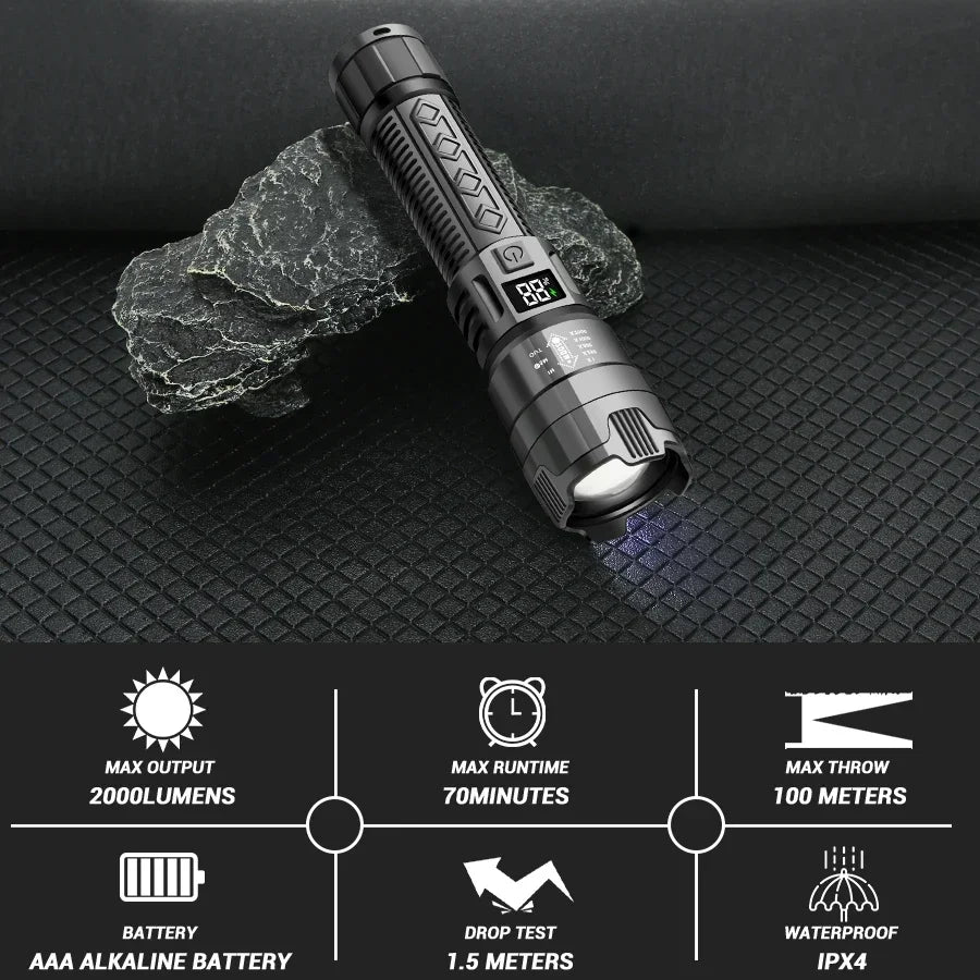 Tactical LED Flashlight 2000LM USB Rechargeable Waterproof Grade Zoom Torch Bright Portable Emergency Light for Camping Outdoor