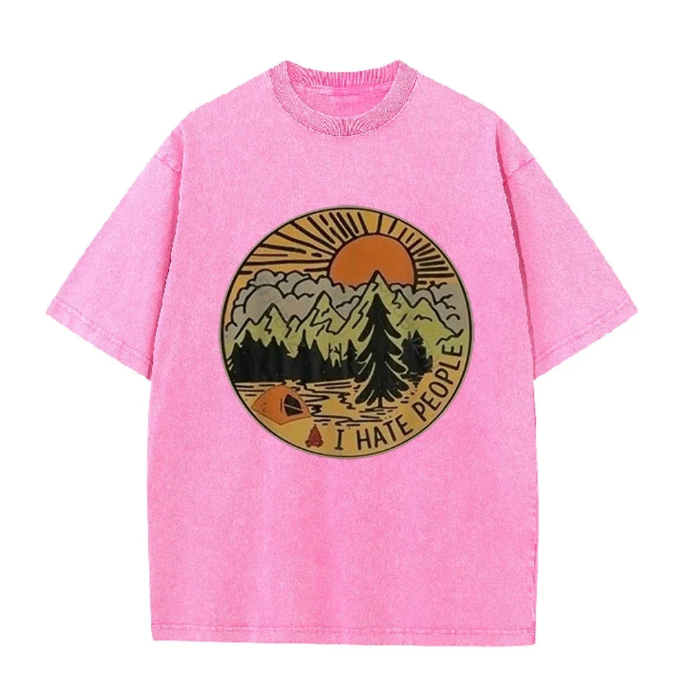 Men's Oversized Camping I Hate People T Shirt Retro Mountain Print Cotton Washed Casual Summer Short Sleeve Tee