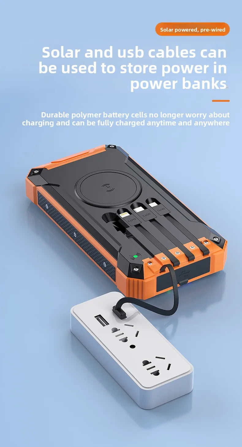 20000mAh Solar Power Bank Wireless Charging Outdoor Dual Flashlight Portable Charger
