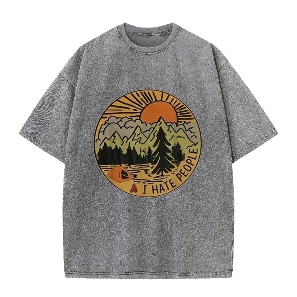 Men's Oversized Camping I Hate People T Shirt Retro Mountain Print Cotton Washed Casual Summer Short Sleeve Tee