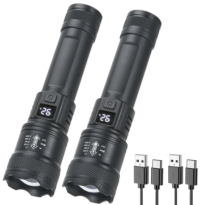 Tactical LED Flashlight 2000LM USB Rechargeable Waterproof Grade Zoom Torch Bright Portable Emergency Light for Camping Outdoor