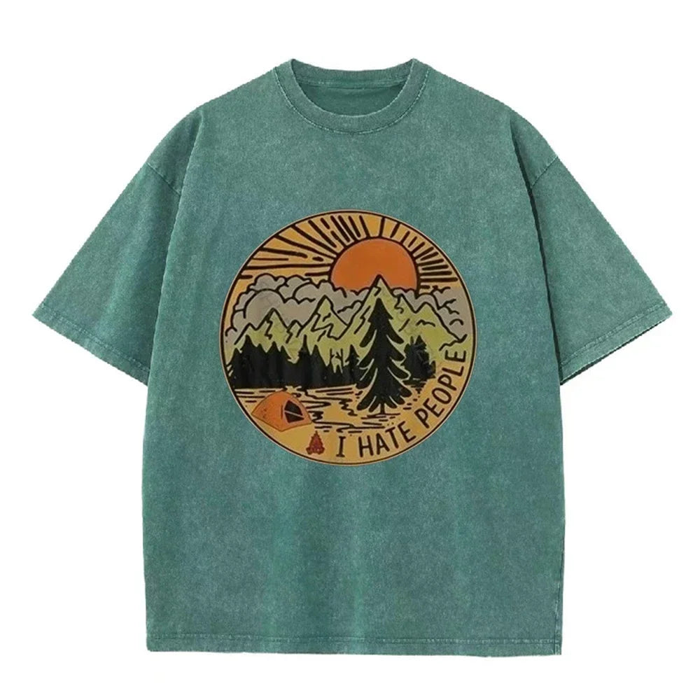 Men's Oversized Camping I Hate People T Shirt Retro Mountain Print Cotton Washed Casual Summer Short Sleeve Tee