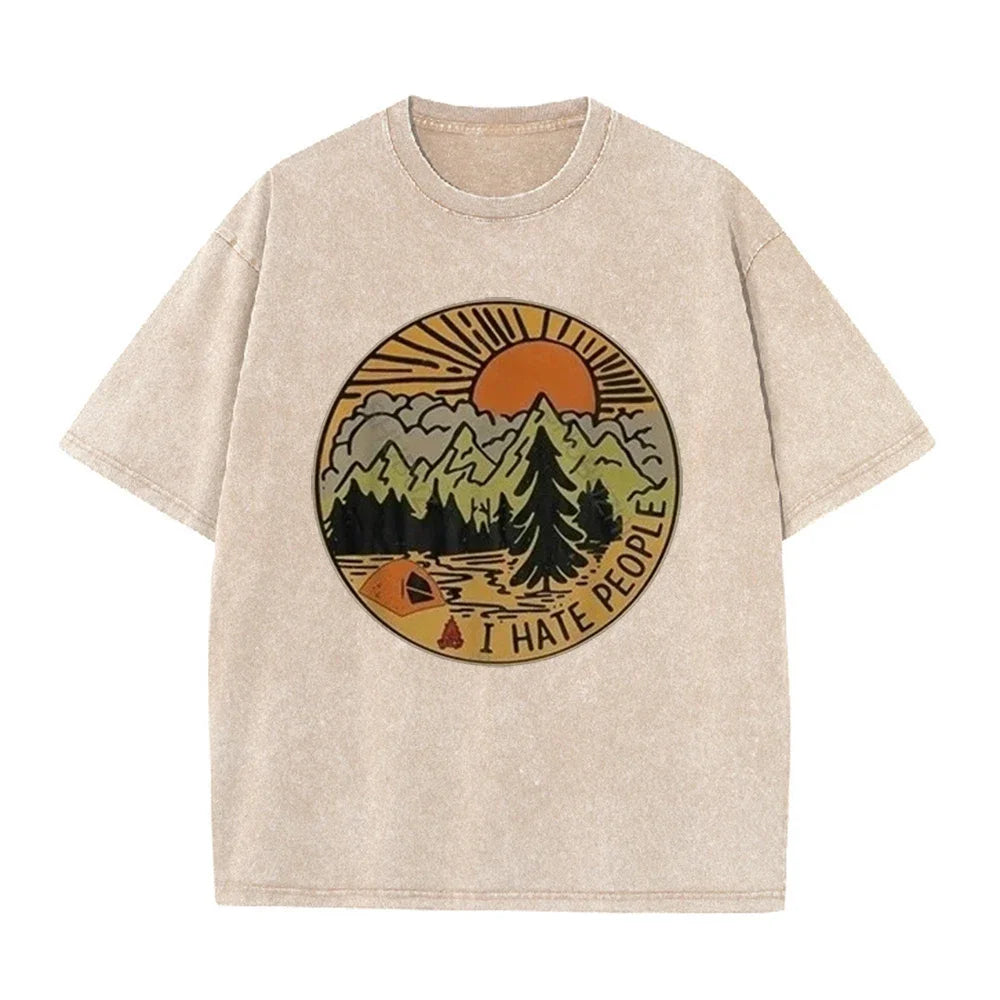 Men's Oversized Camping I Hate People T Shirt Retro Mountain Print Cotton Washed Casual Summer Short Sleeve Tee