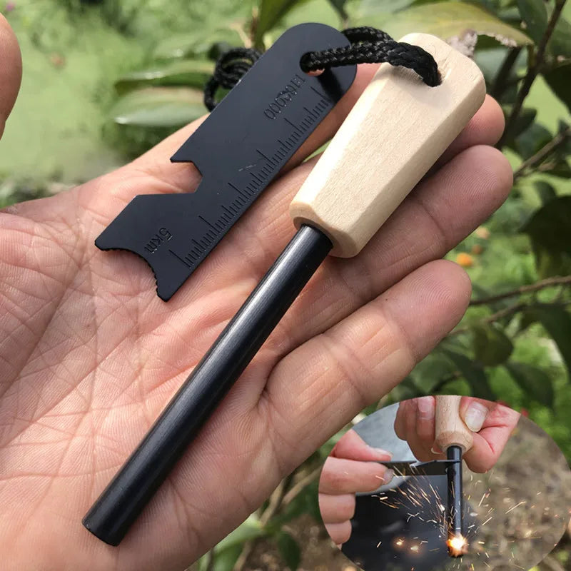 New Wilderness Survival Portable Flint Kit - Magnesium Fire Starter Stick with Wooden Handle for Camping Outdoor Equipment Tool