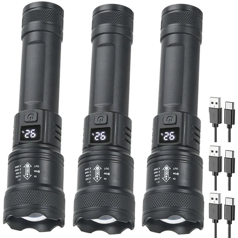 Tactical LED Flashlight 2000LM USB Rechargeable Waterproof Grade Zoom Torch Bright Portable Emergency Light for Camping Outdoor