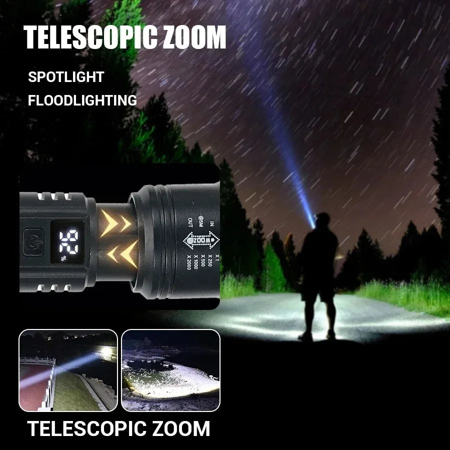 Tactical LED Flashlight 2000LM USB Rechargeable Waterproof Grade Zoom Torch Bright Portable Emergency Light for Camping Outdoor