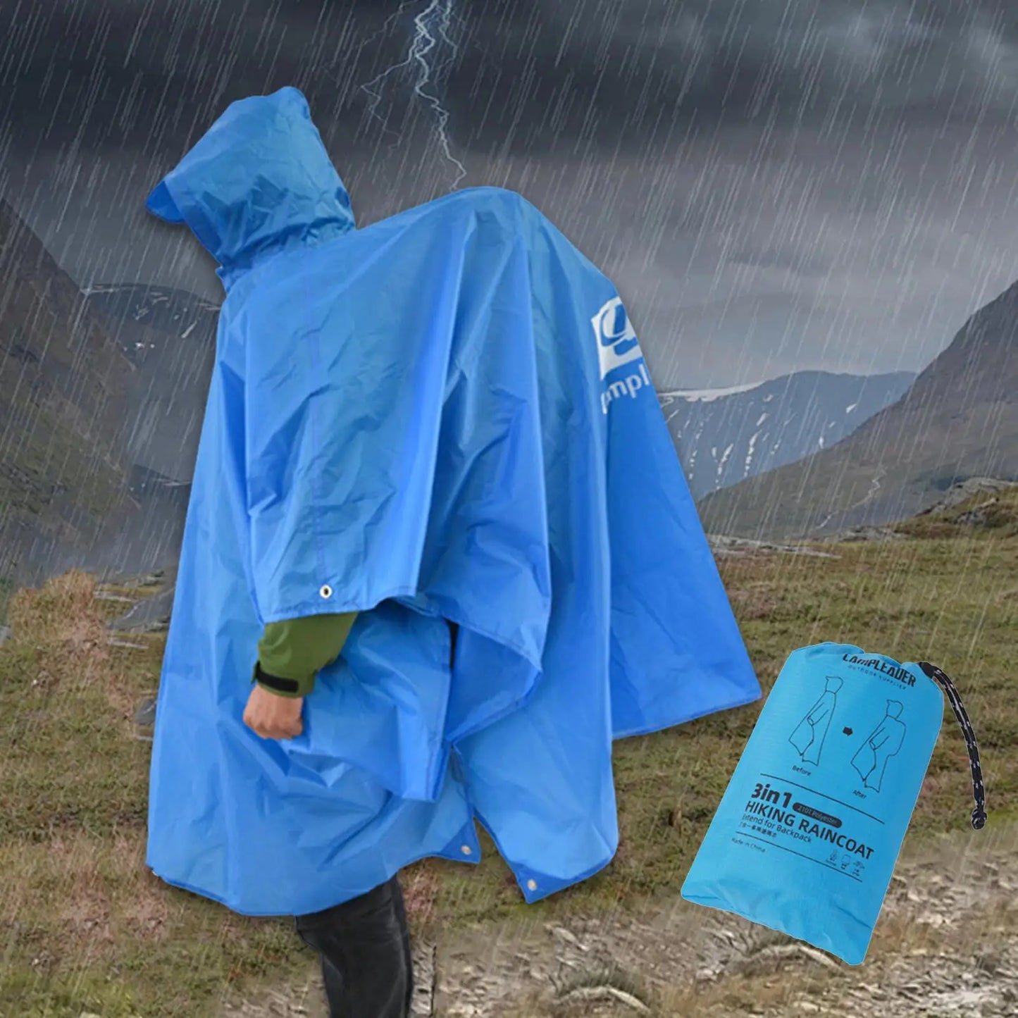 Hooded Rain Poncho Water Resistant Raincoat for Camping Hiking Outdoor