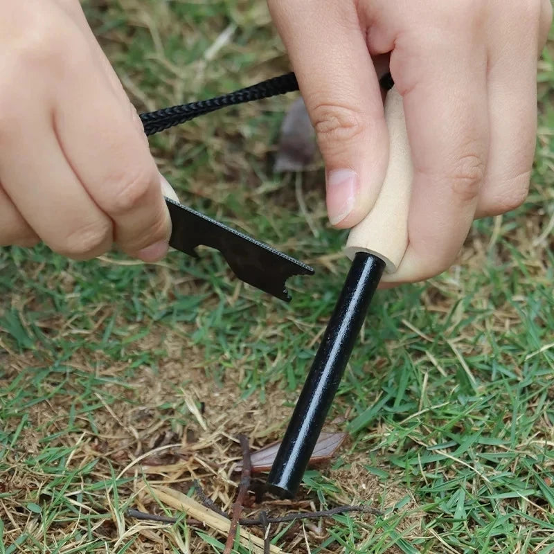 New Wilderness Survival Portable Flint Kit - Magnesium Fire Starter Stick with Wooden Handle for Camping Outdoor Equipment Tool