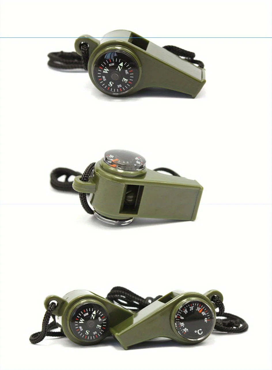 3-in-1 Emergency Survival Whistle with Compass Thermometer For Camping Hiking Outdoor Adventures Durable Metal Construction