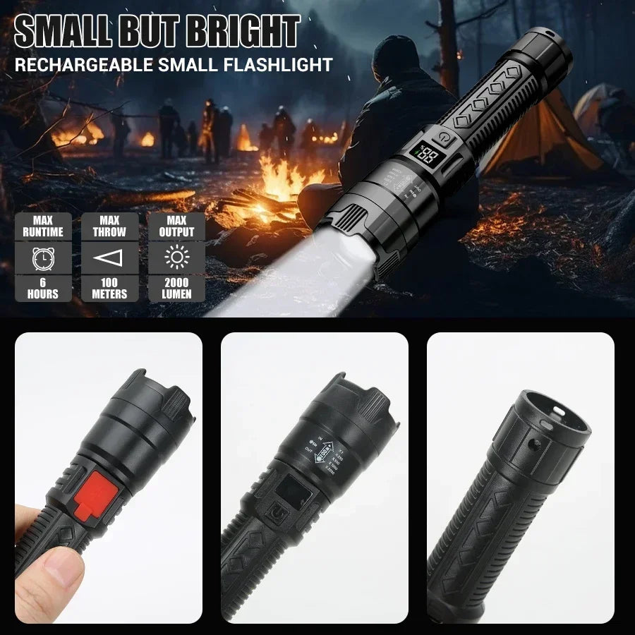 Tactical LED Flashlight 2000LM USB Rechargeable Waterproof Grade Zoom Torch Bright Portable Emergency Light for Camping Outdoor