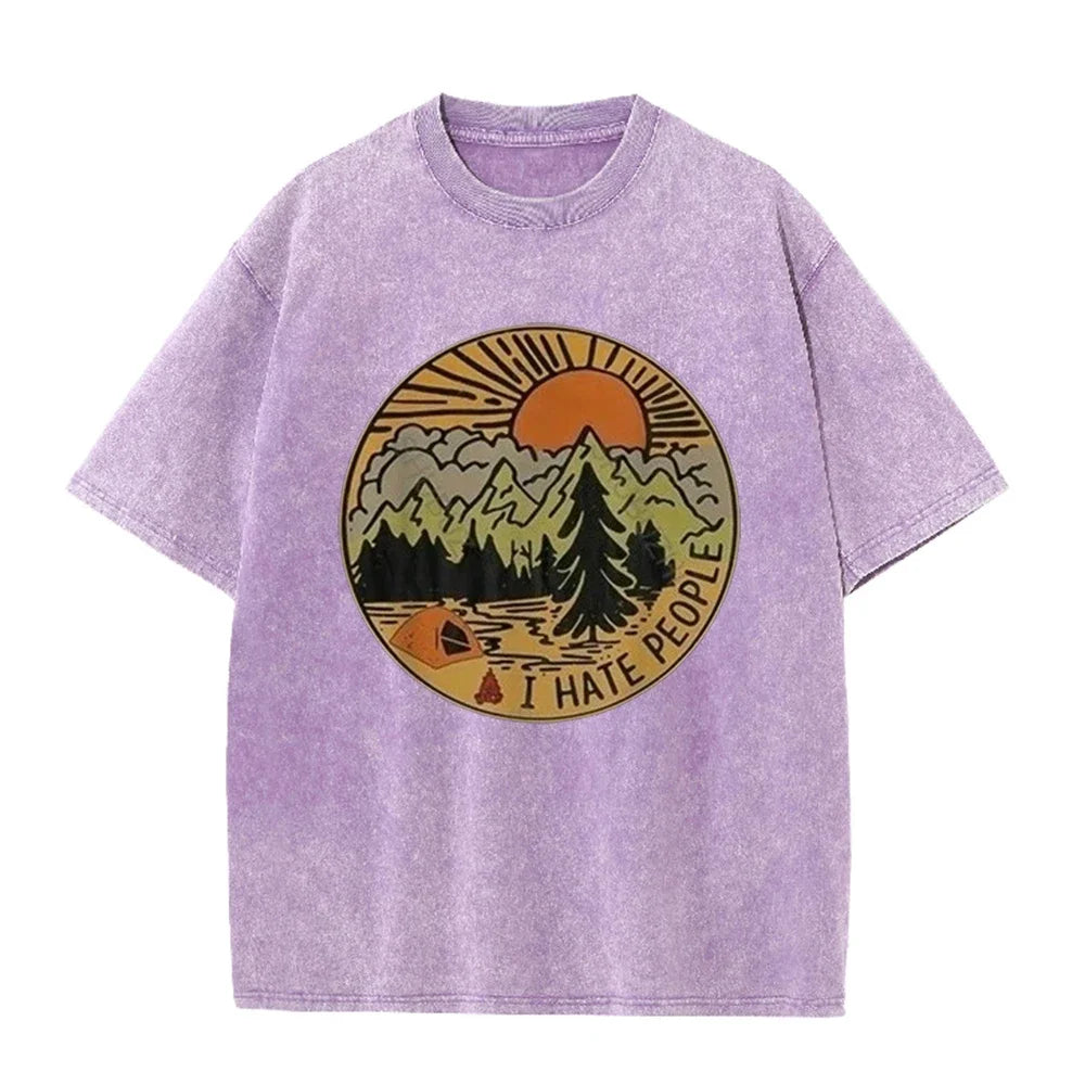 Men's Oversized Camping I Hate People T Shirt Retro Mountain Print Cotton Washed Casual Summer Short Sleeve Tee