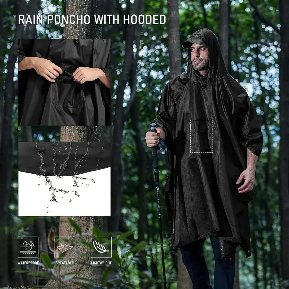 Waterproof Rain Poncho Lightweight Hooded Rain Coat Picnic Mat Blanket Sun Shelter for Outdoor Camping Hiking Cycling Climbing