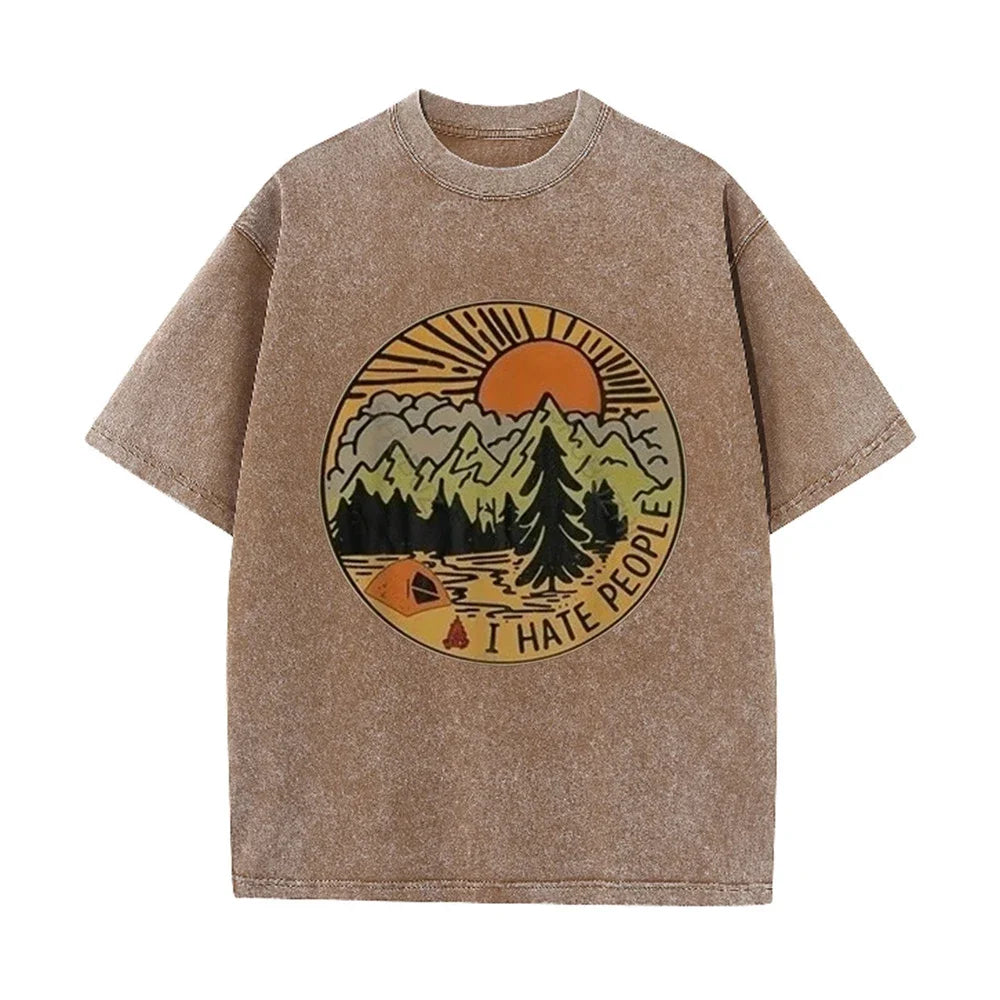 Men's Oversized Camping I Hate People T Shirt Retro Mountain Print Cotton Washed Casual Summer Short Sleeve Tee