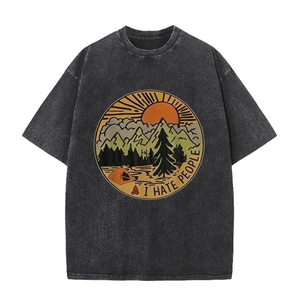 Men's Oversized Camping I Hate People T Shirt Retro Mountain Print Cotton Washed Casual Summer Short Sleeve Tee